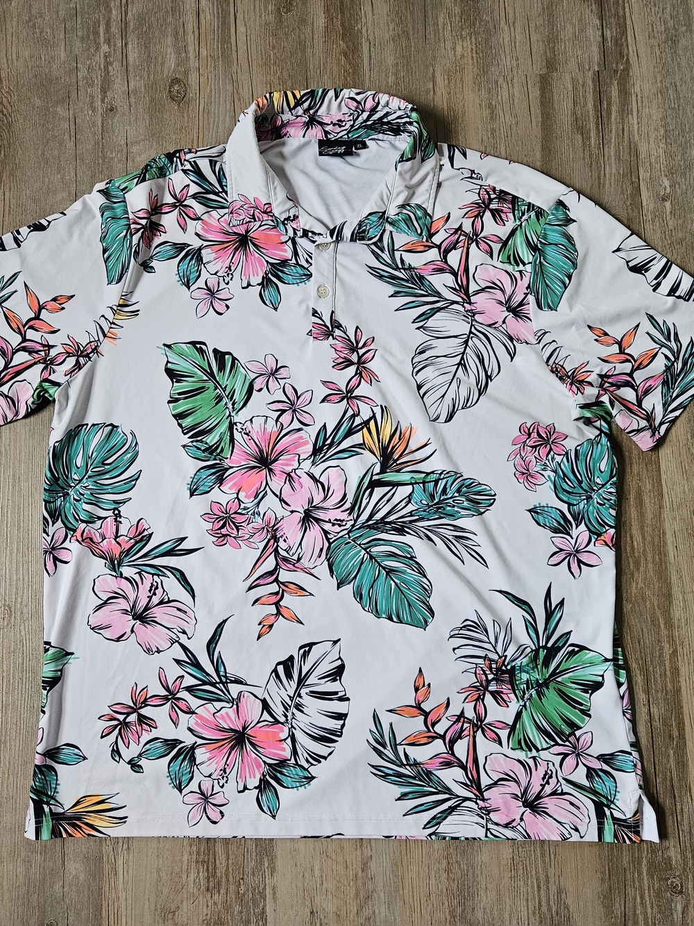 Sunday Swagger Men's White Tropical Floral Green And Pink Polo Golf Shirt XL
